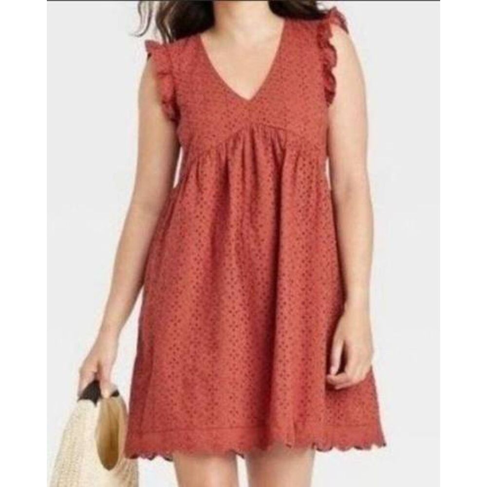 Knox Rose Ruffle Sleeve Eyelet Dress in Desert Red
